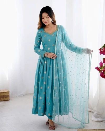 Beautiful Sky Blue Embroidery Anarkali Suit||  3Pcs Sets ||