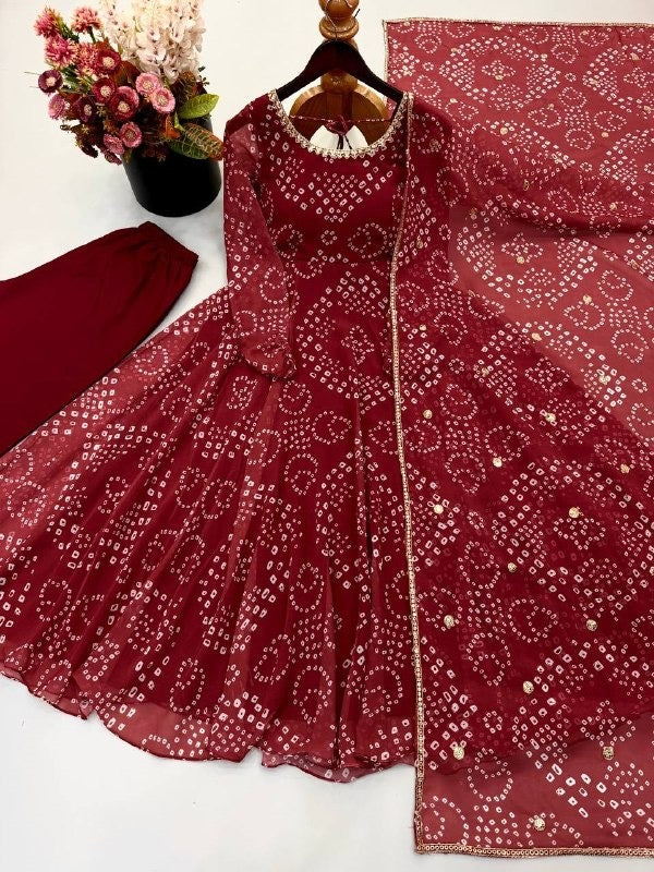 Maroon Bandhani Anarkali Suit Set with Dupatta, Ready to Wear Flared Georgette Kurta Pant, Indian Wedding Guest Dress, Ethnic Party Wear