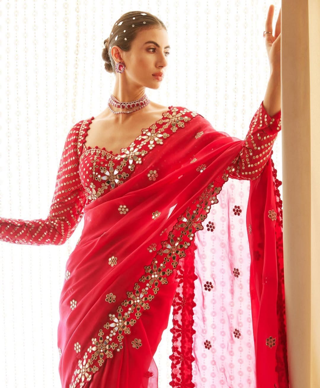 New Designer Mirror Work Saree| Stitched Blouse | Georgette Saree