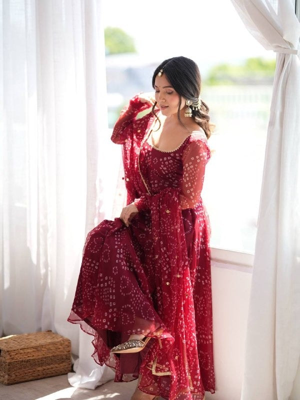 Maroon Bandhani Anarkali Suit Set with Dupatta, Ready to Wear Flared Georgette Kurta Pant, Indian Wedding Guest Dress, Ethnic Party Wear