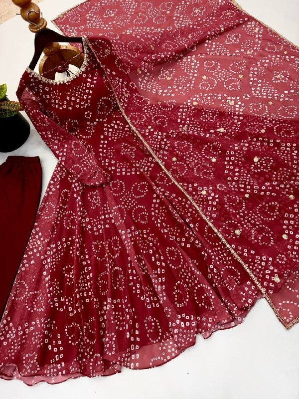 Maroon Bandhani Anarkali Suit Set with Dupatta, Ready to Wear Flared Georgette Kurta Pant, Indian Wedding Guest Dress, Ethnic Party Wear