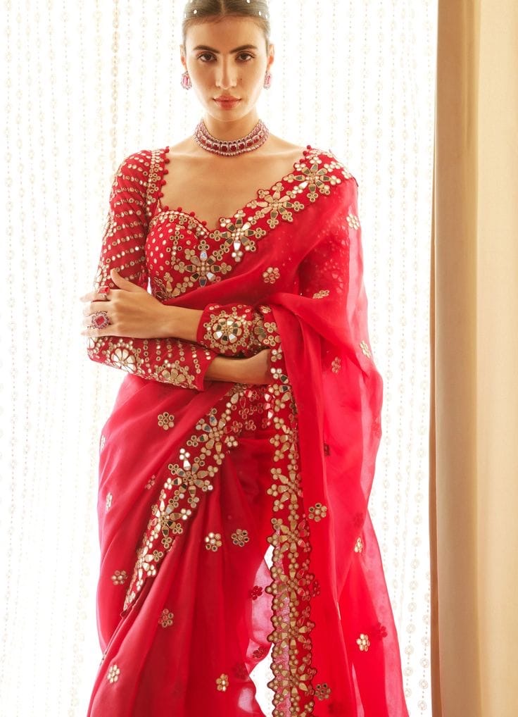 New Designer Mirror Work Saree| Stitched Blouse | Georgette Saree