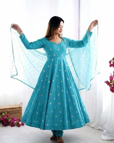 Beautiful Sky Blue Embroidery Anarkali Suit||  3Pcs Sets ||