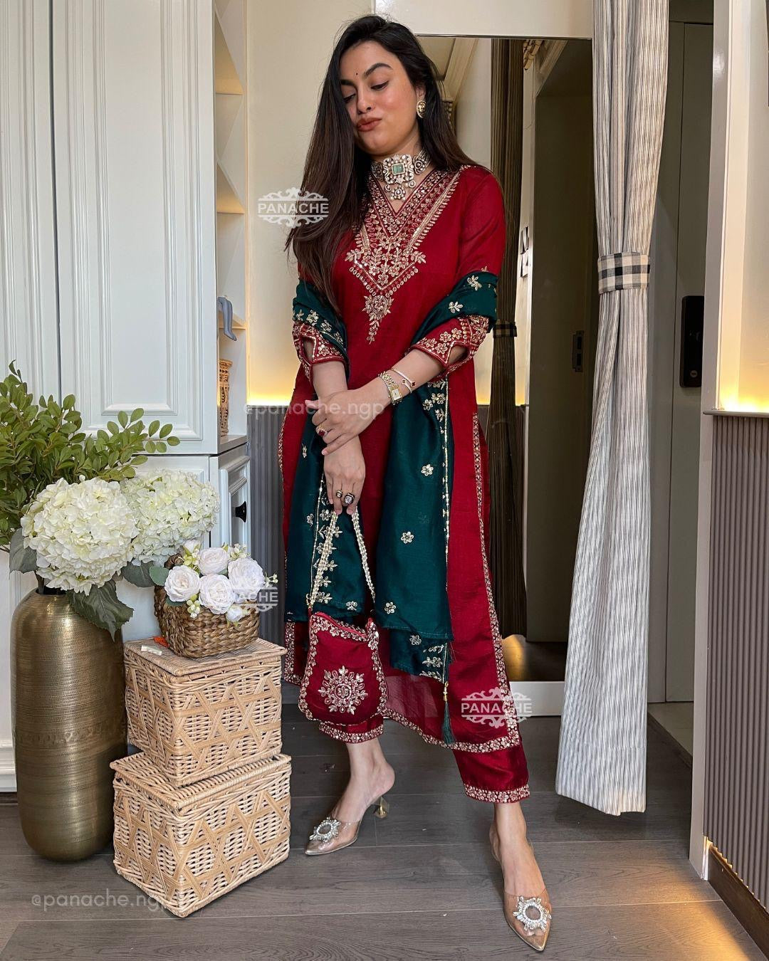 Elegant Designer Silk Suit | 3Pcs set | Embroidery and Sequence Work|
