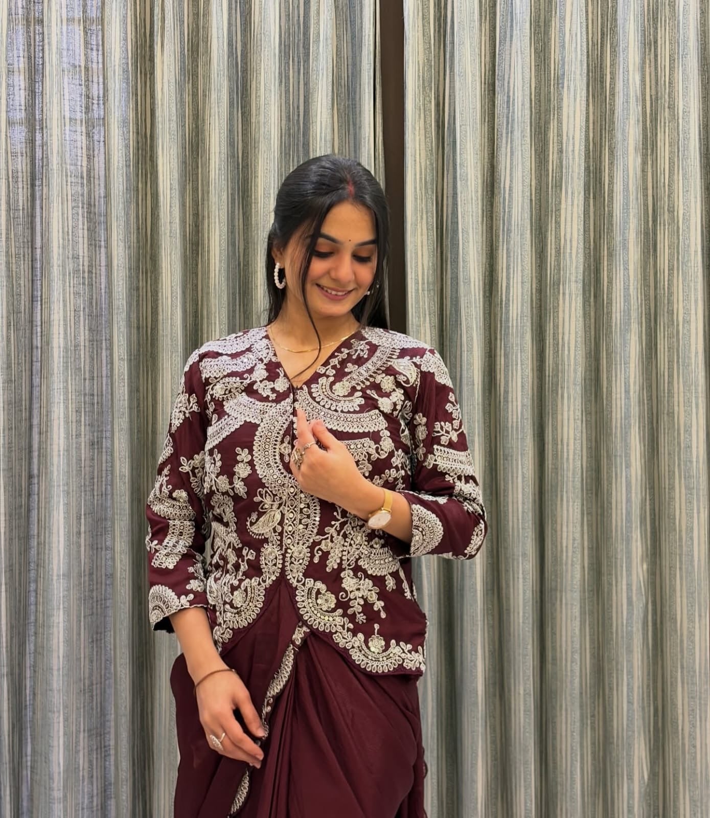Designer saree | Stitched Blouse | Elegant Full work Blazer (koti Style)
