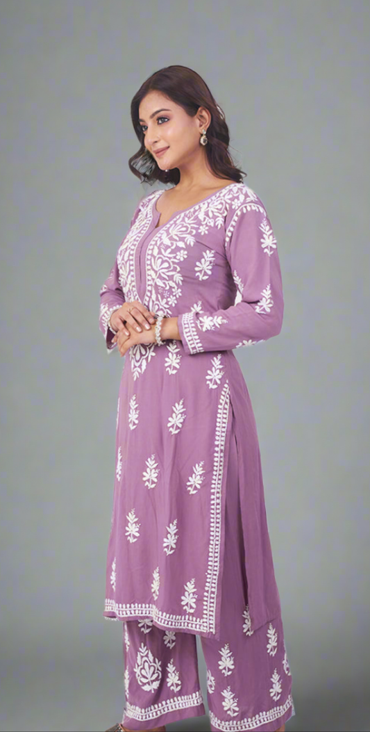 Elegant Chikankari Modal Kurti with Pant Set.