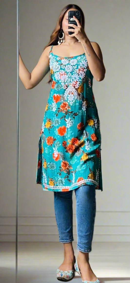 Cotton Chikankaari Kurti with White Floral Embroidery, Sleeveless, Casual Wear