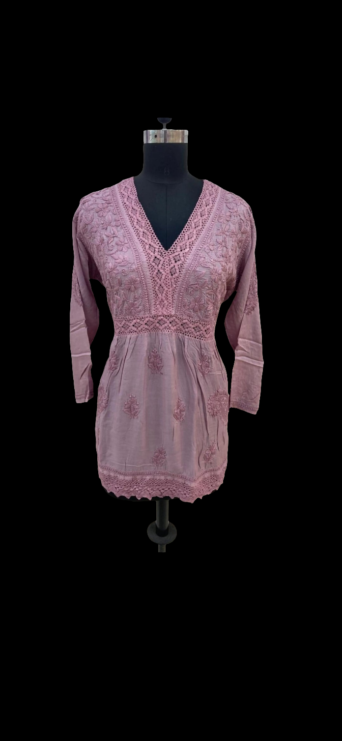 Rayon short dress/kurta with lace work.