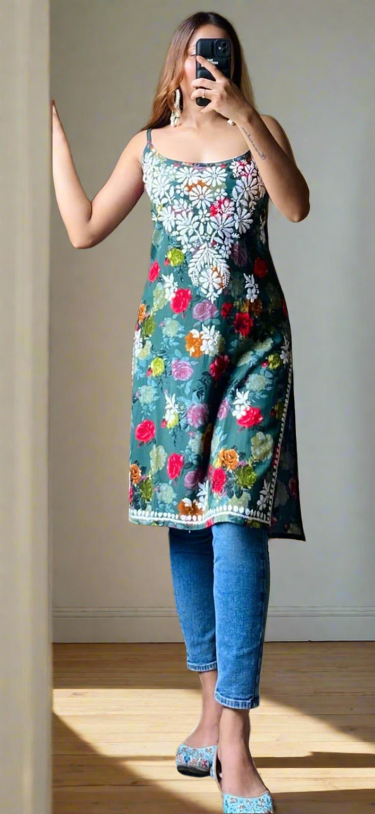 Cotton Chikankaari Kurti with White Floral Embroidery, Sleeveless, Casual Wear