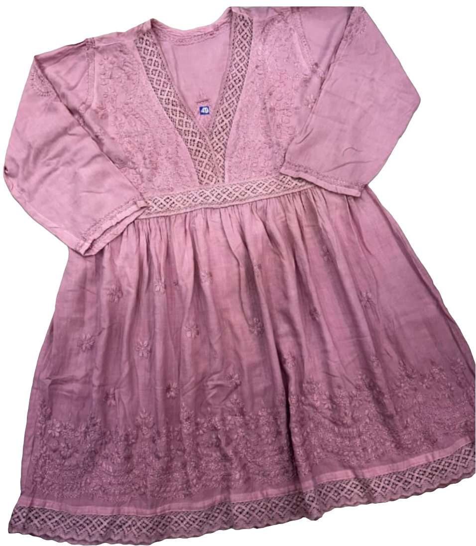 Rayon short dress/kurta with lace work.