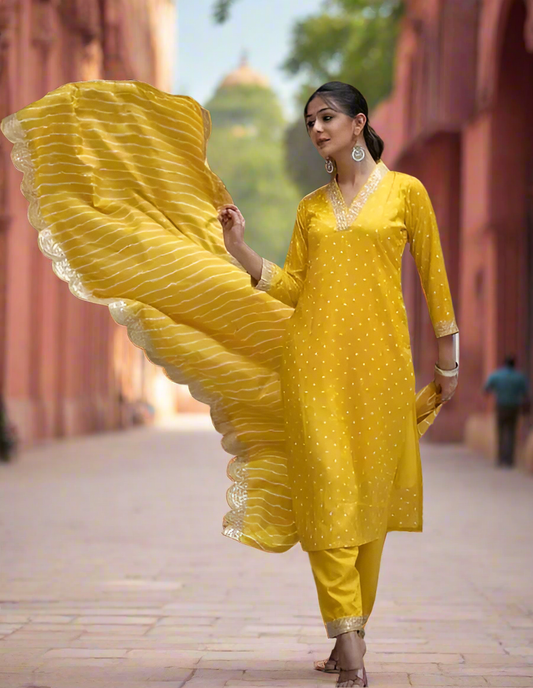Bandhani Printed Regular Sequinned Kurta with Trousers||