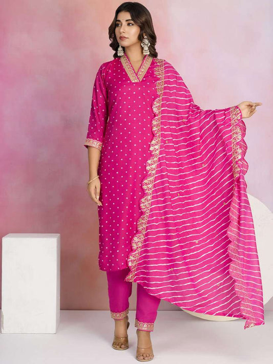 Bandhani Printed Regular Sequinned Kurta with Trousers||