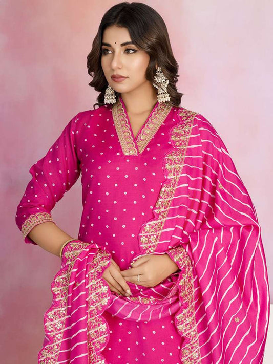 Bandhani Printed Regular Sequinned Kurta with Trousers||