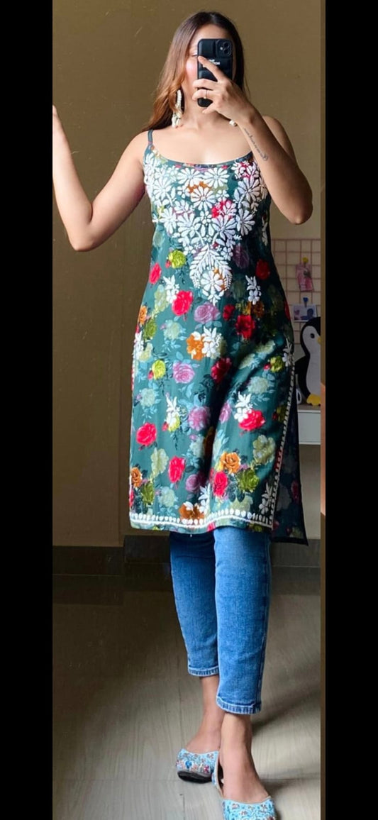 Cotton Chikankaari Kurti with White Floral Embroidery, Sleeveless, Casual Wear
